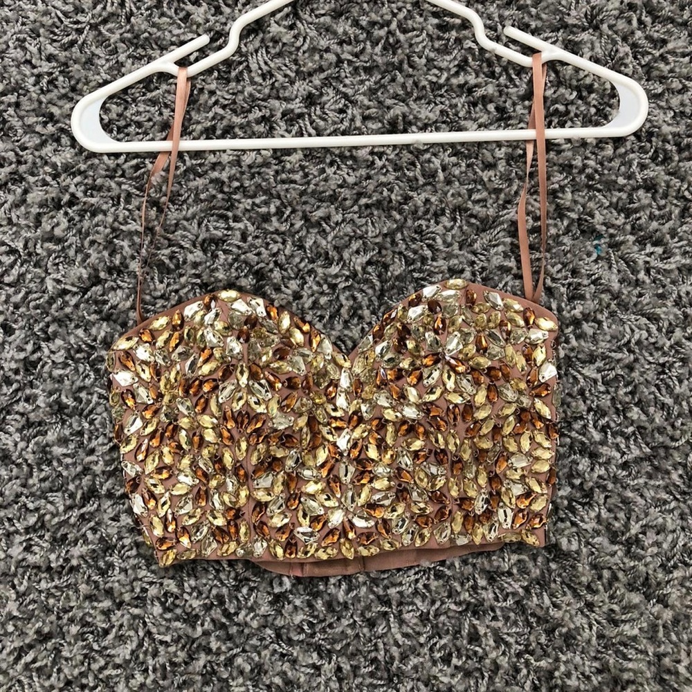 Marciano Jeweled Brown and Gold Embellished Bustier Top